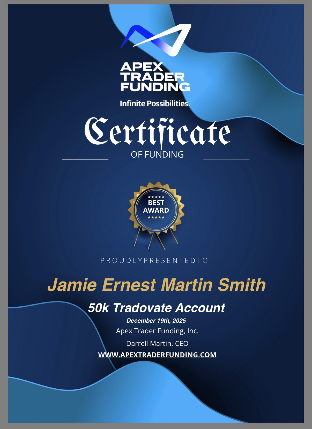 Funded certificate — Jamie Ernest Martin Smith