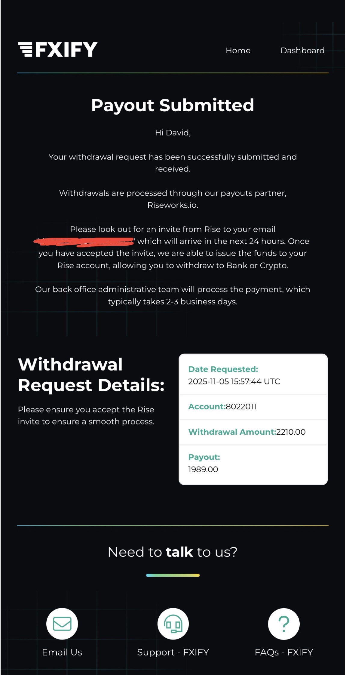 Payout submitted — David