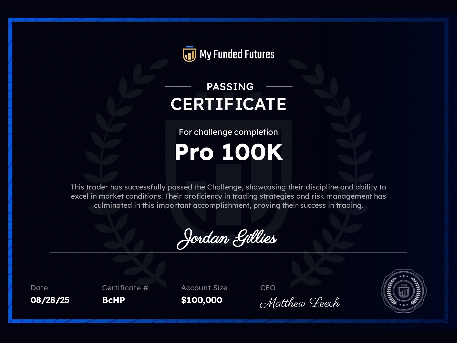 Passing certificate — Jordan Gillies